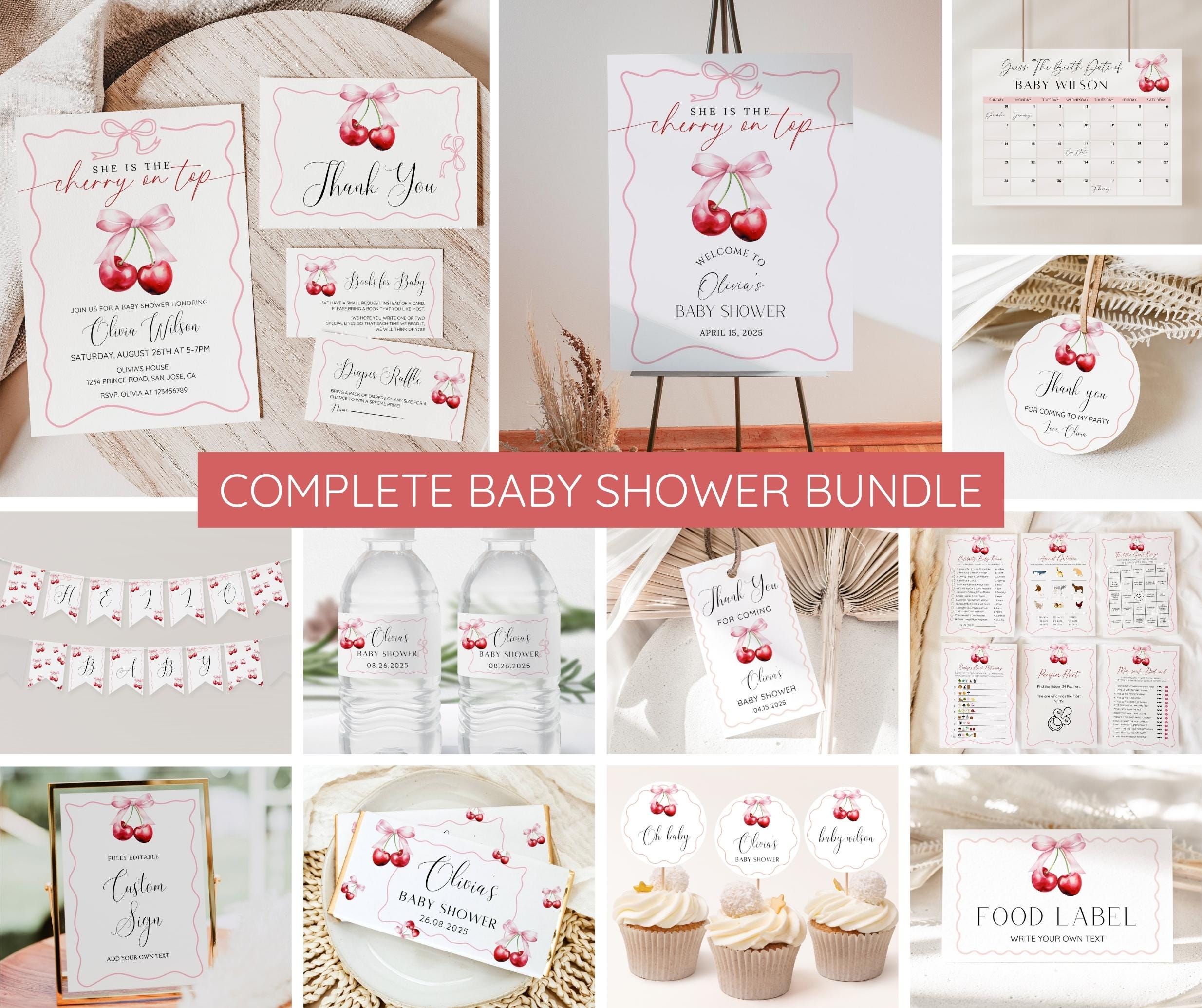 Kirsch-Babyparty-Einladungspaket, Kirsche an der Spitze, Einladungsset, kokette rosa Bogenbeeren, Mädchen-Babyparty, bearbeitbare Vorlagen, druckbar