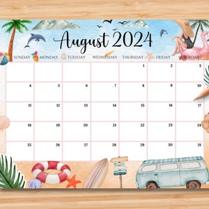 EDITABLE August 2024 Calendar, Relaxing Summer at the Beach with Coconut Tree, Printable Fillable Planner for Home & Work, Instant Download