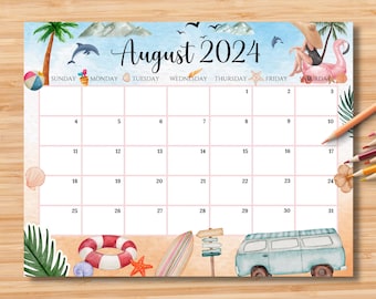 EDITABLE August 2024 Calendar, Relaxing Summer at the Beach with Coconut Tree, Printable Fillable Planner for Home & Work, Instant Download
