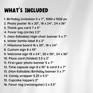 May include: A list of items included in a birthday party package. The list includes items such as invitations, photo posters, thank you cards, favor tags, high-chair banners, water bottle labels, milestone boards, custom signs, welcome signs, place cards, photo banners, time capsule signs, birthday banners, candy wrappers, cupcake toppers, and favor tags.