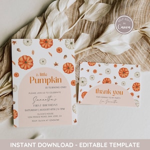 Little Pumpkin Birthday Invitation, Pumpkin 1st Birthday Invite, A Little Pumpkin Is Turning One, Fall Birthday Invitation Girl, EDITABLE