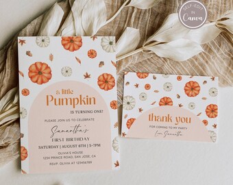 Invitación de cumpleaños de Calabacita, Invitación de primer cumpleaños de Calabacita, Una Calabacita cumple un año, Invitación de cumpleaños de otoño para niña, EDITABLE