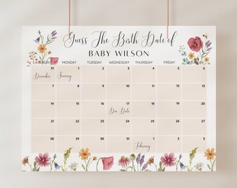 Wildflower Baby Shower Due Date Calendar, Colorful Floral Guess The Due Date, Wildflowers Baby Birthday Prediction Game, Editable Template