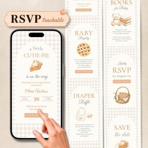 Puede incluir: Un conjunto de invitaciones digitales para baby shower en la pantalla de un teléfono y paneles verticales, con un patrón de cuadros vichy beige, ilustraciones de tartas en acuarela y texto que incluye A little CUTIE PIE is on the way.