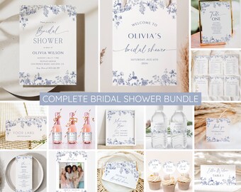 Vintage Blue Floral Bridal Shower Invitation Bundle, Something Blue Bridal Shower Invite Template, Victorian, Chinoiserie Decor, EDITABLE