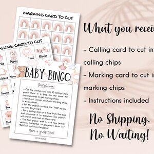 Puede incluir: Juego de bingo para beb&eacute; imprimible con un esquema de color rosa y blanco. El juego incluye una tarjeta de llamada, una tarjeta de marcado e instrucciones. La tarjeta de llamada tiene im&aacute;genes de art&iacute;culos para beb&eacute;s como un biberon, un cachorro y bloques. La tarjeta de marcado tiene un dise&ntilde;o de arco&iacute;ris rosa y blanco. Las instrucciones incluyen instrucciones para jugar el juego.