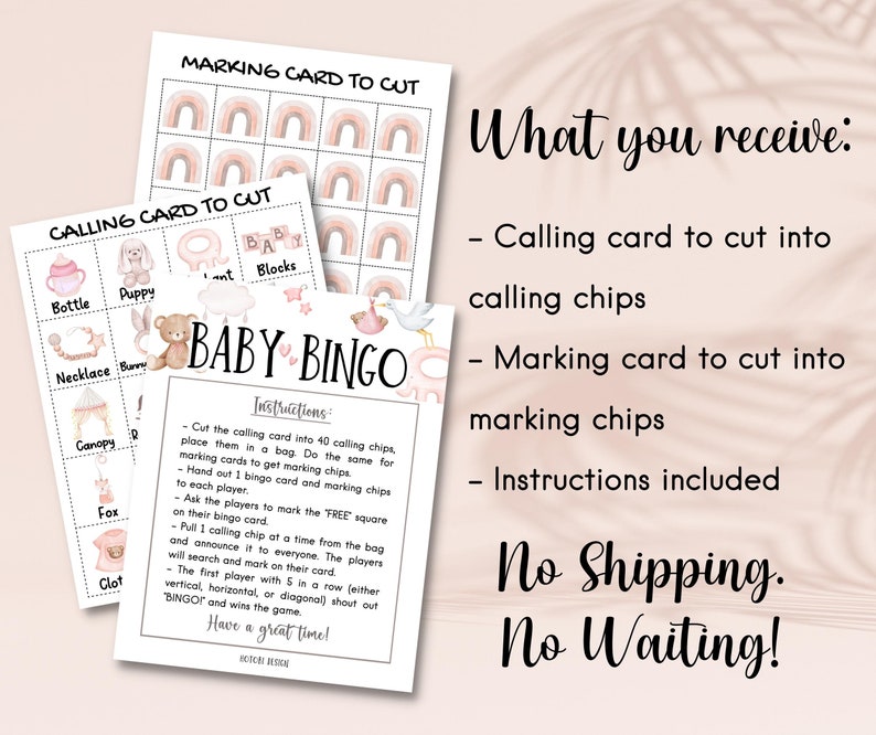 Puede incluir: Juego de bingo para beb&eacute; imprimible con un esquema de color rosa y blanco. El juego incluye una tarjeta de llamada, una tarjeta de marcado e instrucciones. La tarjeta de llamada tiene im&aacute;genes de art&iacute;culos para beb&eacute;s como un biberon, un cachorro y bloques. La tarjeta de marcado tiene un dise&ntilde;o de arco&iacute;ris rosa y blanco. Las instrucciones incluyen instrucciones para jugar el juego.