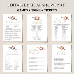 Puede incluir: Un conjunto de juegos y letreros imprimibles para la despedida de soltera, que incluye "Famous Movie Quotes", "World She Rather", "I Love You Around the World", "Disney Love Songs", "Who Knows the Bride Best" y "Does the Bride Really Know the Groom?"