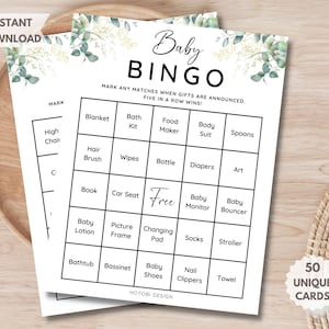 50 Cartões de Bingo para Chá de Bebê Pré-preenchidos, Jogo de Bingo para Bebês, Cartão Bônus em Branco, Jogo para Chá de Bebê para Imprimir Greenery Gênero Neutro Download Instantâneo
