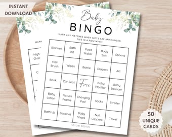 50 Prefilled Baby Shower Bingo Cards, Baby Bingo Game, Bonus Blank Card, Printable Baby Shower Game Greenery Gender Neutral Instant Download