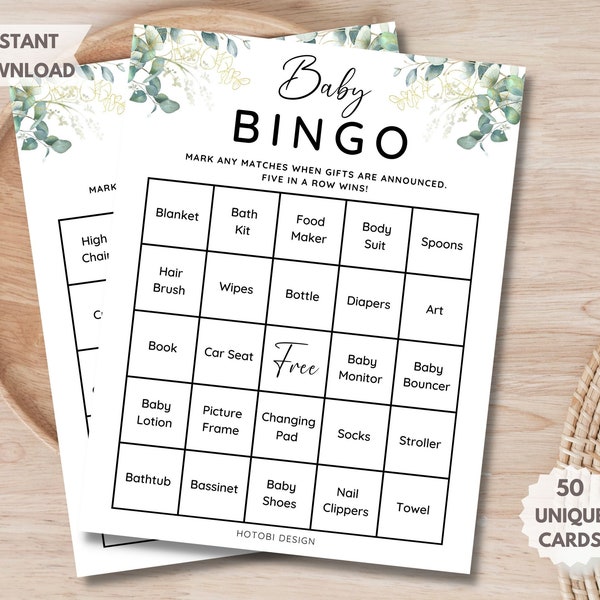50 Prefilled Baby Shower Bingo Cards, Baby Bingo Game, Bonus Blank Card, Printable Baby Shower Game Greenery Gender Neutral Instant Download