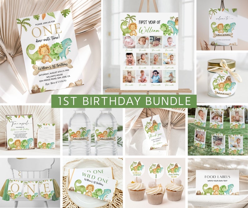 Dinosaur 1st Birthday Bundle, Dino First Birthday Party, Dinosaur ...