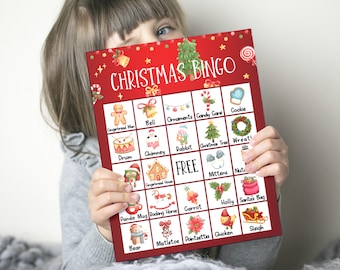 May include: A red and white Christmas Bingo card with images of various Christmas-themed items, such as a gingerbread man, a bell, ornaments, a candy cane, a cookie, a drum, a chimney, a rabbit, a Christmas tree, a wreath, a gingerbread house, mittens, nuts, a panda mug, a rocking horse, a carrot, holly, Santa's bag, a bear, mistletoe, a poinsettia, a chicken, and a sleigh.