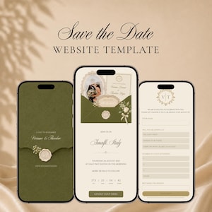 May include: Three smartphones displaying a Save the Date website template with an olive green and cream colour palette. The screens show wedding invitation details, including names, date, location, and an RSVP form with floral accents.