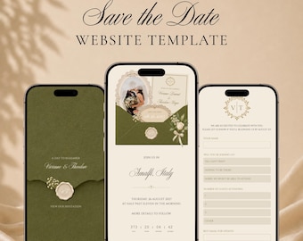 Old Money Save the Date Wedding Website Template, Olive Green Save the Date, Online RSVP Digital Invitation, Canva Editable Instant Download