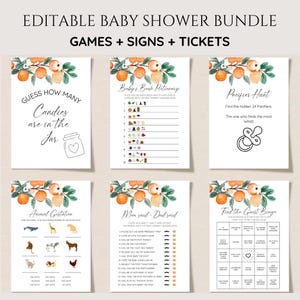 Little Cutie Baby Shower Game Bundle, Pacchetto gioco Baby Shower Orange Citrus, Set Clementine, Genere neutro, Giochi modificabili, Stampabili