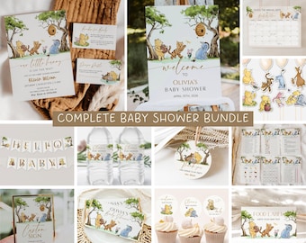 Winnie the Pooh Baby Shower Bundle, Vintage Pooh Bear Baby Shower Invitation & Games, Welcome, Signs Decor Set, Editable Template, Printable