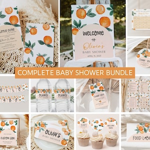 Little Cutie Babypartyeinladungspaket, Orange Citrus Babypartyeinladungsreihe, Clementinen-Set, geschlechtsneutral, bearbeitbar, Canva-Vorlage