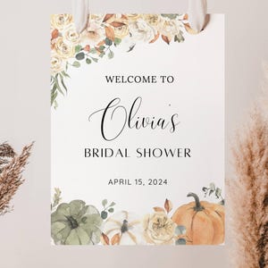 Letrero de bienvenida para despedida de soltera con diseño de calabaza y flores otoñales, póster de bienvenida para despedida de soltera con diseño de otoño, editable