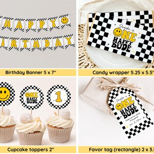 One Happy Dude Birthday Invitation Bundle, Editable Retro One Happy Dude First Birthday Invite Boy, Smiley Face Party Template, Printable image 5