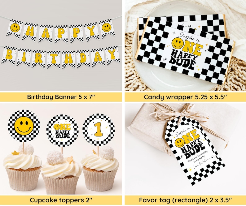 One Happy Dude Birthday Invitation Bundle, Editable Retro One Happy Dude First Birthday Invite Boy, Smiley Face Party Template, Printable image 5