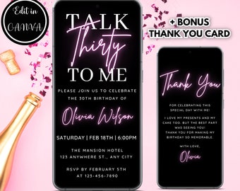 30th Birthday Invitation, Neon Pink Glow Party, Talk Thirty To Me, Thirty Birthday Electronic Invite, Editable Template, Instant Download