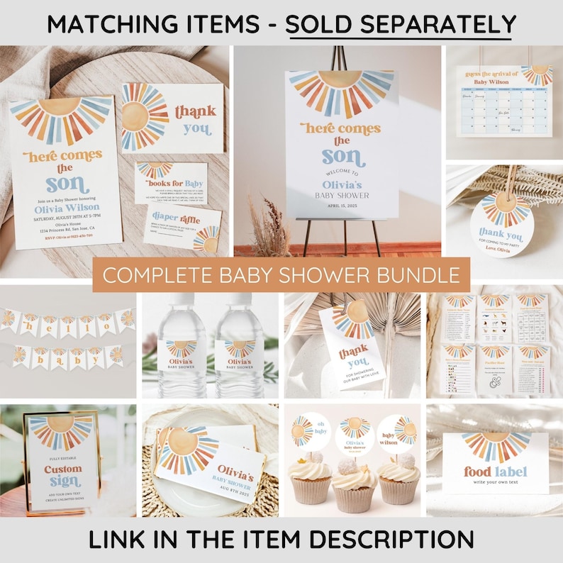 May include: A complete baby shower bundle with a sunburst theme. The bundle includes a welcome sign, invitations, thank you cards, water bottle labels, cupcake toppers, a food label, and a banner. The colors are blue, orange, and yellow.