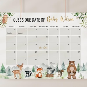Calendario editable de fechas de parto para baby shower de animales del bosque, juego de baby shower de animales del bosque, adivina el cumpleaños del bebé, predicción del nacimiento del bebé, juego de fecha de parto