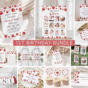 Berry First Birthday Invitation Bundle, Strawberry 1st Birthday Invitation Template, Berry Birthday Decorations, 1st Birthday Girl, EDITABLE