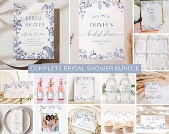 Vintage Blue Floral Bridal Shower Invitation Bundle, Something Blue Bridal Shower Invite Template, Victorian, Chinoiserie Decor, EDITABLE