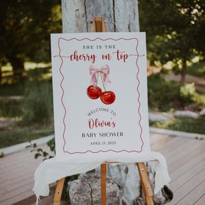 Cherry Baby Shower Welcome Sign, Cherry on top Welcome Poster, Coquette Pink Bow Berries, Girl Baby Shower, Editable Template, Printable