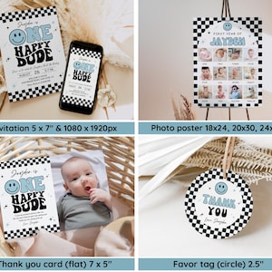May include: A collection of party supplies with a retro theme. Includes an invitation, phone display, photo poster, thank you card, and favor tag. Each item features a black and white checkered pattern and the text "ONE HAPPY DUDE".