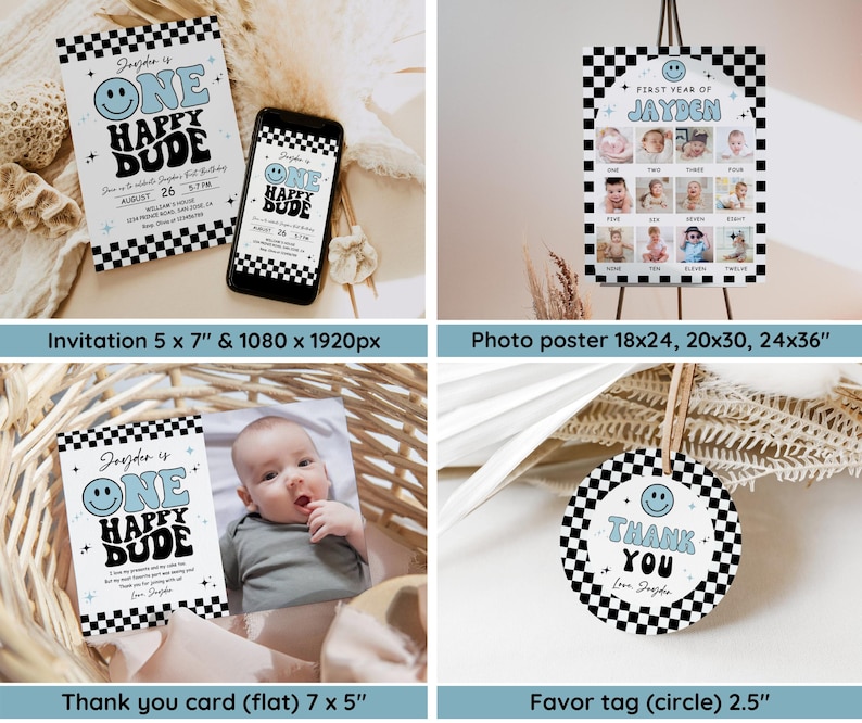 May include: A collection of party supplies with a retro theme. Includes an invitation, phone display, photo poster, thank you card, and favor tag. Each item features a black and white checkered pattern and the text "ONE HAPPY DUDE".