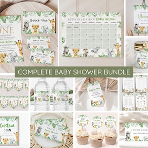Safari Animal Baby Shower Bundle, Editable Safari Baby Shower Invitation Set, Jungle Animal Baby Shower, Gender Neutral, Digital Download