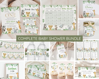 May include: A complete baby shower bundle with a jungle animal theme. The bundle includes invitations, thank you cards, food labels, water bottle labels, a welcome sign, a guess the due date calendar, a banner, cupcake toppers, and games. The colors are green, brown, and gold.