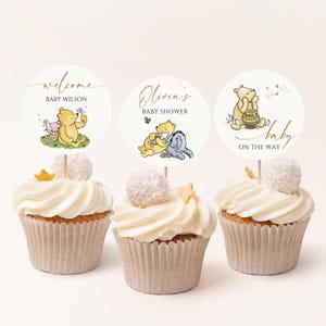 Editable Winnie the Pooh Cupcake Topper, Vintage Pooh Bear Baby Shower & Birthday Decor, Printable Round Dessert Toppers, Instant Download