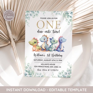 Dinosaur 1st Birthday Invitation Template, Dinosaur First Birthday, Dinosaur Birthday, Printable Birthday Invitation, 1st Birthday Boy Dino