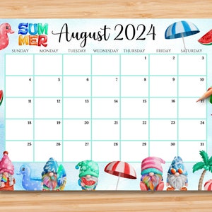 EDITABLE August 2024 Calendar, Beautiful Colorful Summer with Cute Beach Gnomes, Printable Kids School Schedule, Instant Download
