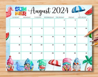 EDITABLE August 2024 Calendar, Beautiful Colorful Summer with Cute Beach Gnomes, Printable Kids School Schedule, Instant Download