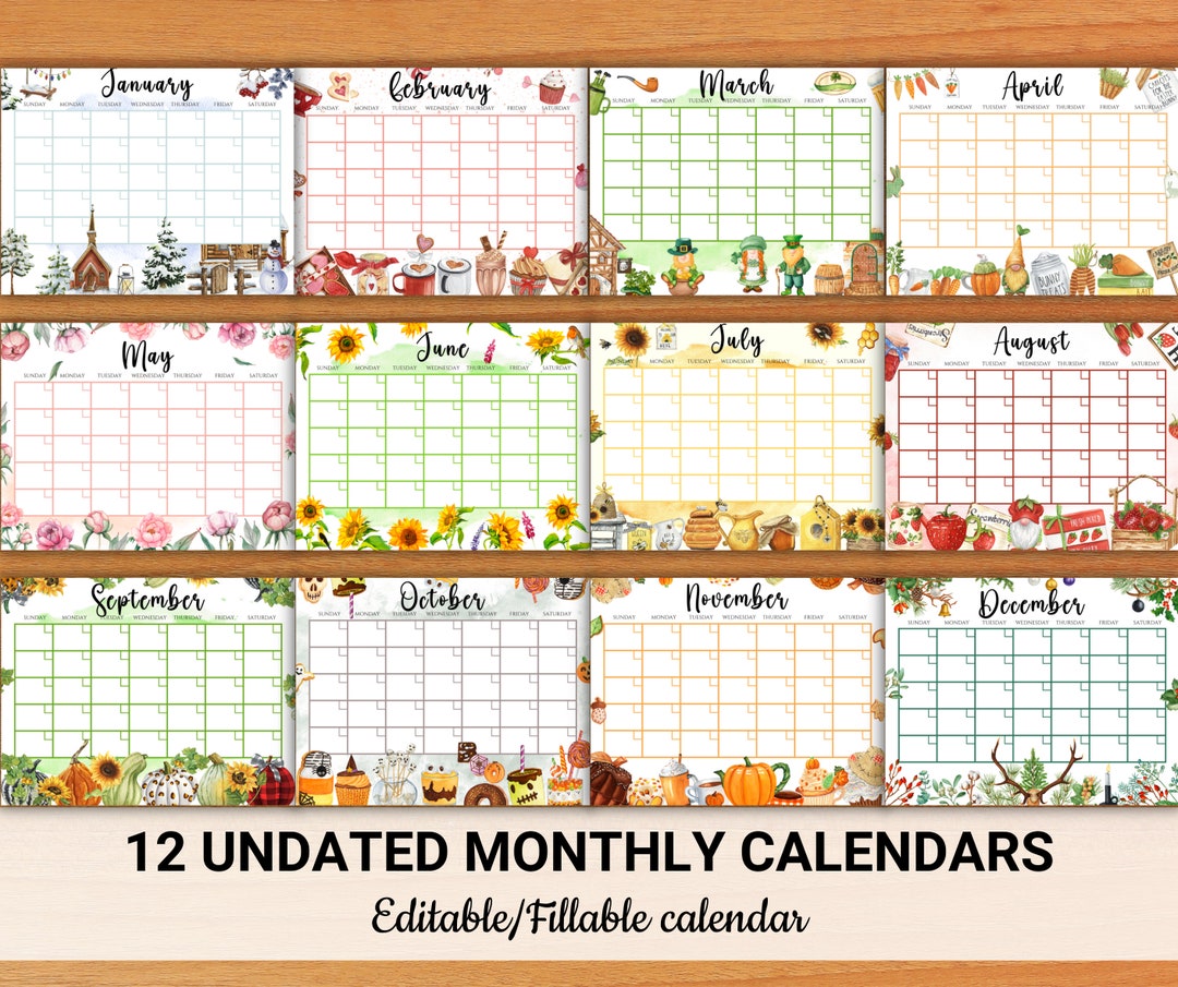 EDITABLE Undated Watercolor Calendar Cute Printable Fillable - Etsy UK