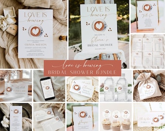 May include: A bridal shower bundle with a coffee theme. The bundle includes invitations, signage, food labels, water bottle labels, cupcake toppers, and a favor bag. The design features a watercolor illustration of a coffee cup with a heart-shaped design.