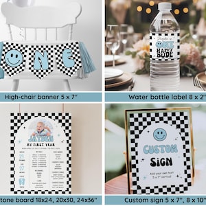 May include: A collection of party decorations with a black and white checkered pattern and blue accents. Includes a high-chair banner, water bottle label, milestone board, and a custom sign. The banner and sign feature a smiley face.