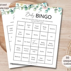 50 Prefilled Baby Shower Bingo Cards, Baby Bingo Game, Bonus Blank Card, Printable Baby Shower Game Greenery Gender Neutral Instant Download