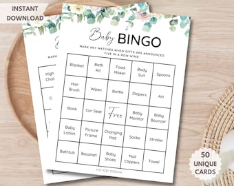 50 Prefilled Baby Shower Bingo Cards, Baby Bingo Game, Bonus Blank Card, Printable Baby Shower Game Greenery Gender Neutral Instant Download