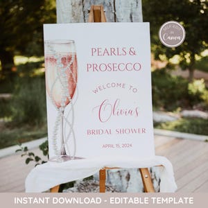 Pearls and Prosecco Bridal Shower Welcome Sign, Minimalist Pearl Champagne Wedding Shower Welcome Poster, EDITABLE, Instant Download