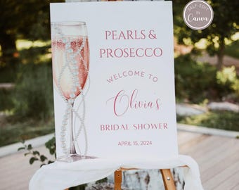 Pearls and Prosecco Bridal Shower Welcome Sign, Minimalist Pearl Champagne Wedding Shower Welcome Poster, EDITABLE, Instant Download