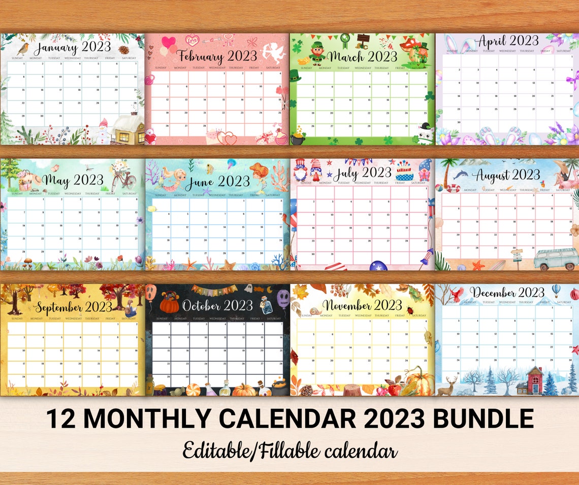EDITABLE Monthly Calendar 2023 12 Beautiful Printable Monthly - Etsy