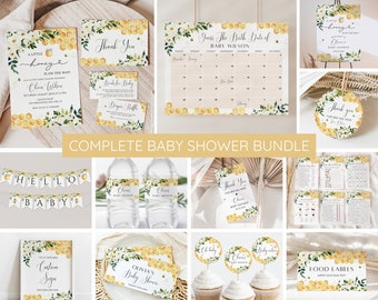 May include: A collection of baby shower stationery with a bee and honeycomb theme. Includes invitations, thank you cards, a calendar, cupcake toppers, and food labels. The designs feature floral accents and the text "A Little Honey" and "Hello Baby."