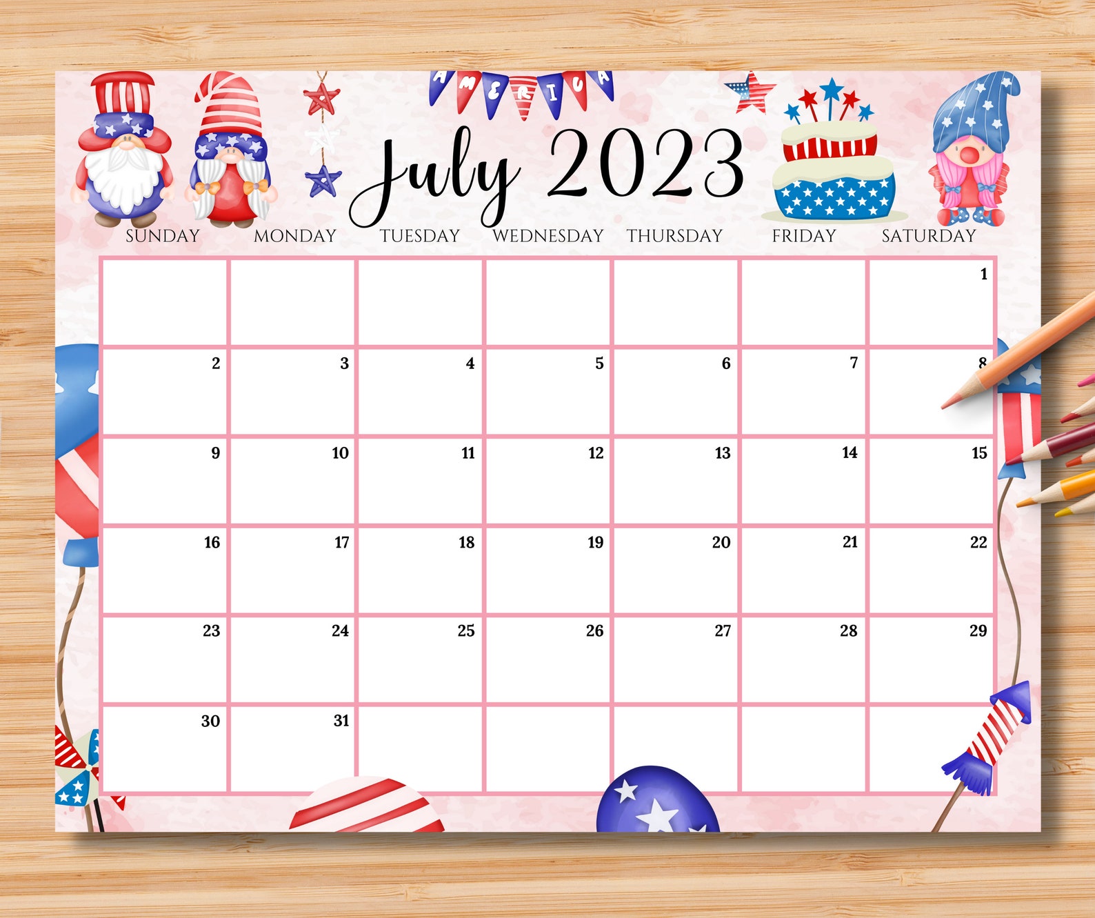 Editable July 2023 Calendar 4th July Independence Day With Etsy