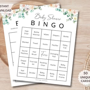 50 Prefilled Baby Shower Bingo Cards, Baby Bingo Game, Bonus Blank Card, Printable Baby Shower Game Greenery Gender Neutral Instant Download